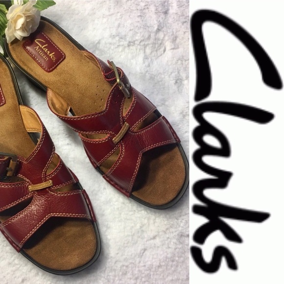 Clarks Shoes - Clark’s Artisan Red Leather Wedge Slides Sz 9.5M